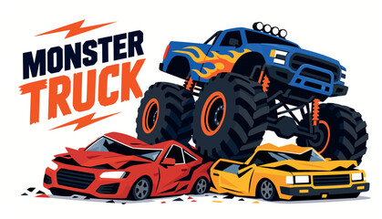 Colorful monster truck crushing small cars illustration. © Kenn