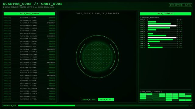 Quantum Core Omni Node Decryption Cyber Security Animation Neural Network Loop Background.