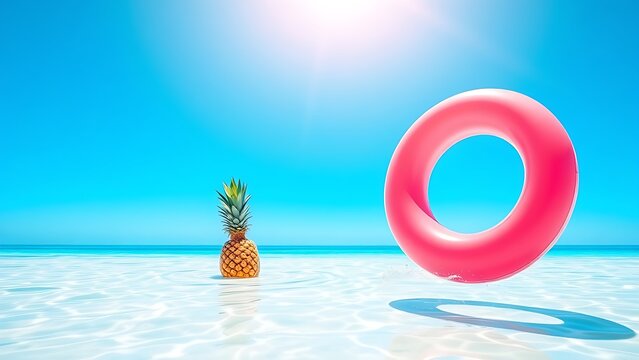 Vibrant beach scene featuring a floating ring and pineapple, evoking tropical vacation vibes.