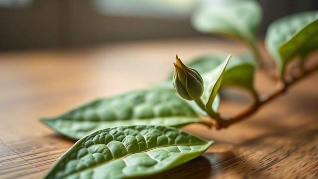 Close-up of fresh tea leaves with bud on a wooden surface, highlighting natural beauty.