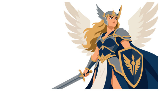Female warrior with wings and sword and shield.