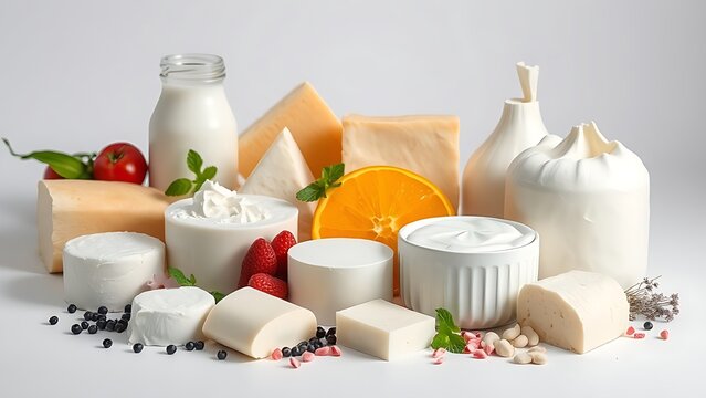 An artistic arrangement of fresh dairy products on a clean background.