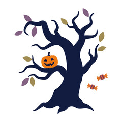 Fototapeta premium Spooky Halloween tree with hanging pumpkin lanterns and falling leaves vector art