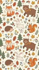 Naklejka premium Adorable Woodland Animal Illustration Pattern with Autumn Nature Elements