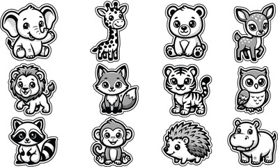 Fototapeta premium Cute Cartoon Wild Animal Sticker Icon Set with Happy Zoo Creatures for Kids Coloring Books Crafting and Children Graphic Designs