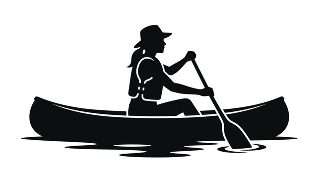 Woman canoeing in a small boat wearing a life vest and a hat presented as a simple black vector graphic illustration on a white background