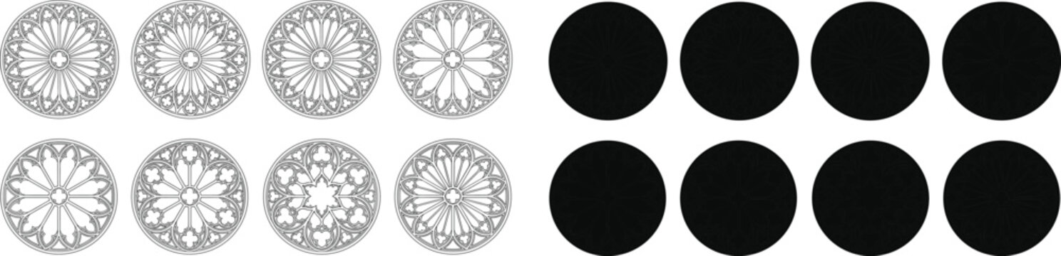 Gothic rose window vector ornament set with circular stained glass tracery line art and silhouette designs