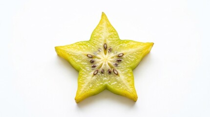 Fototapeta premium A star-shaped slice of yellow fruit, possibly a carambola, with seeds visible in the center, placed against a white background.