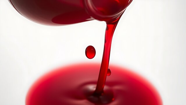 Deep red liquid pours steadily from the spout of a simple jug in a minimalist scene.