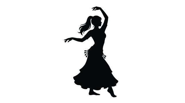 Graceful belly dancer silhouette performing an elegant routine in a black and white vector graphic illustration design with flowing skirt motion and artistic feminine energy style