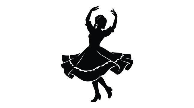 Traditional mexican folk dancer performing a cultural movement in a black silhouette vector illustration showing elegant dress style and expressive posture isolated on white background art