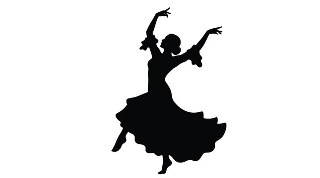 Flamenco dancer performing an elegant routine in this high quality black vector illustration featuring flowing dress shapes captured against a crisp clean solid white background