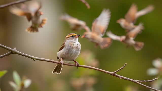 Sparrow chirping on branch as other birds fly away in spring garden.