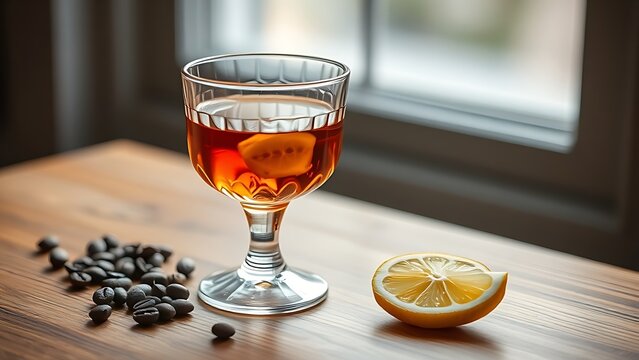 Crystal glass with amber liqueur on wood, coffee beans and lemon slice nearby.