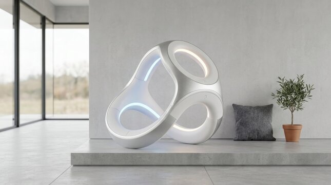 A futuristic, white, circular chair with LED lighting and a plant in a modern, minimalist living room.