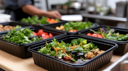Obraz premium Freshly prepared meal boxes filled with colorful vegetables and protein arranged on a wooden surface