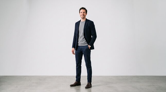 Confident man in blazer standing in modern studio space.