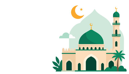 Illustrated mosque with green dome and minaret. © Kenn