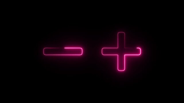 Bright blue neon mathematical signs for addition and subtraction. Luminous outline design for interface elements and calculation symbols.