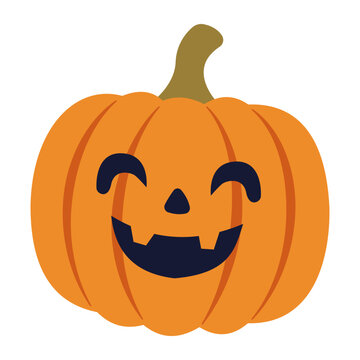 Orange jack o lantern pumpkin with carved friendly smiling face and green stem in flat vector style