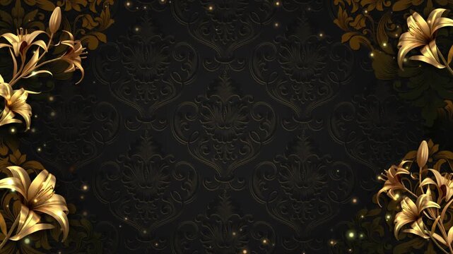 Luxury Black and Gold Damask Looping Background with Golden Lilies