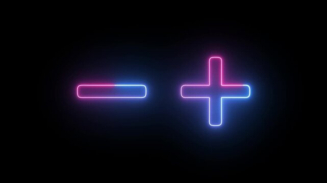 Bright blue neon mathematical signs for addition and subtraction. Luminous outline design for interface elements and calculation symbols.