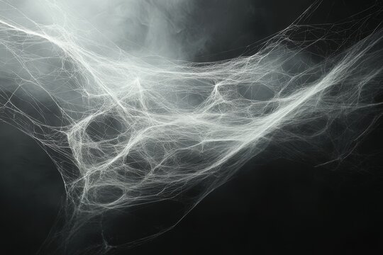 Black background, white spider webs hanging from top to bottom, Generative AI