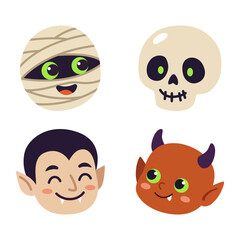 Fototapeta premium Set of four cute halloween character avatars including mummy skull vampire and red devil in flat vector style
