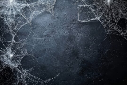 Black background, white spider webs hanging from top to bottom, Generative AI