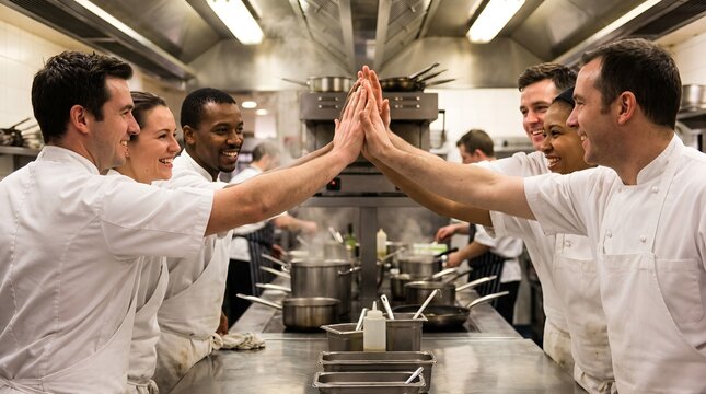 Professional diverse chef team giving high five in commercial kitchen, successful restaurant staff celebrating teamwork, culinary group in white uniforms