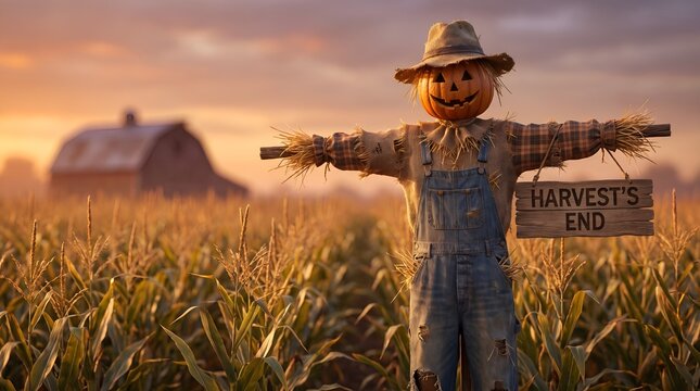 Rustic Halloween scarecrow with pumpkin head in cornfield, autumn harvest festival background with barn, seasonal farm landscape at sunset