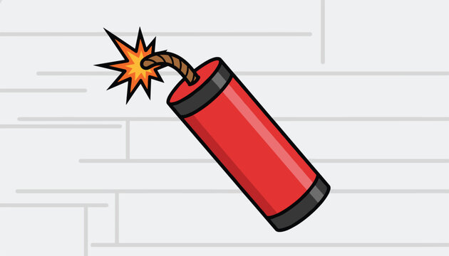 Single red dynamite stick with a burning lit fuse showing a bright yellow and orange spark on a light background.