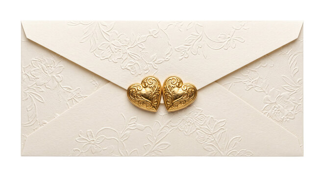 Elegant ivory envelope with embossed floral pattern and golden heart clasp