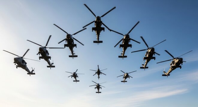 Military helicopters flying in formation across the blue sky illustration