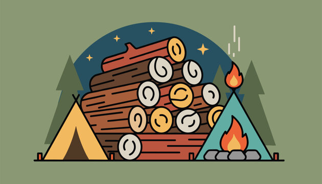 Cozy forest campsite at night with a small yellow tent, a warm campfire, a big stack of firewood, and pine trees.