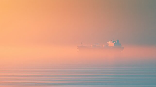 Cargo ship on a hazy horizon at dawn