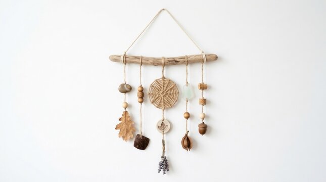 A wooden wall hanging with natural elements, including driftwood, stones, and leaves, hanging from a wooden dowel against a white wall.