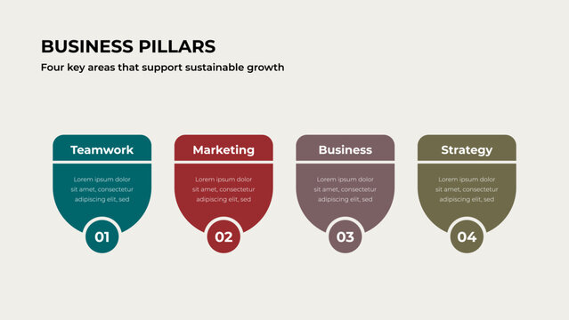 Four shield shaped banners with numbers for business comparison presentation