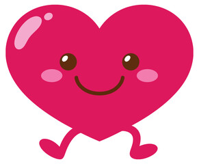 Cute pink heart character, walking with happy expression, bright clean style, kawaii mascot, love symbol, cartoon illustration, adorable, vector
