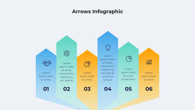 Six step arrow infographic with numbered blocks for business presentation slide