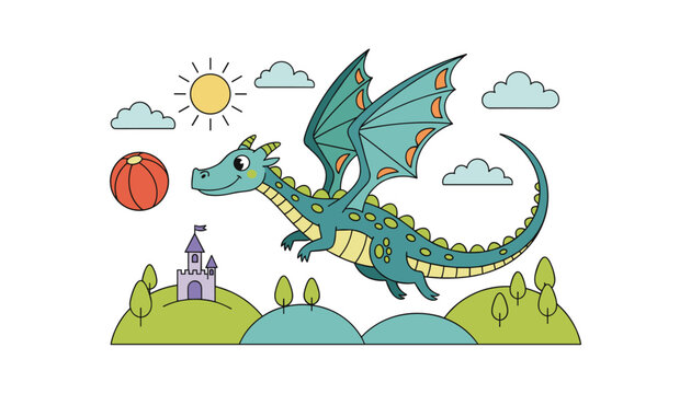 Adorable blue cartoon dragon with green wings flying gracefully over a small castle on rolling hills under a bright sun.