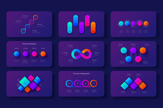 Collection of nine dark process infographic diagrams with circles and steps for business presentation