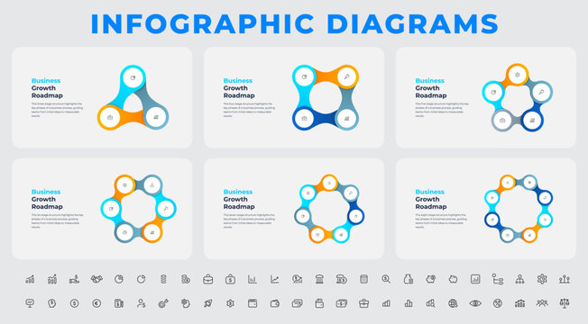 Set of six cycle infographic diagrams from three to eight steps with business icons