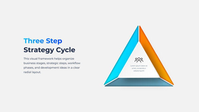 Business infographic of three step triangle with central icon for presentation