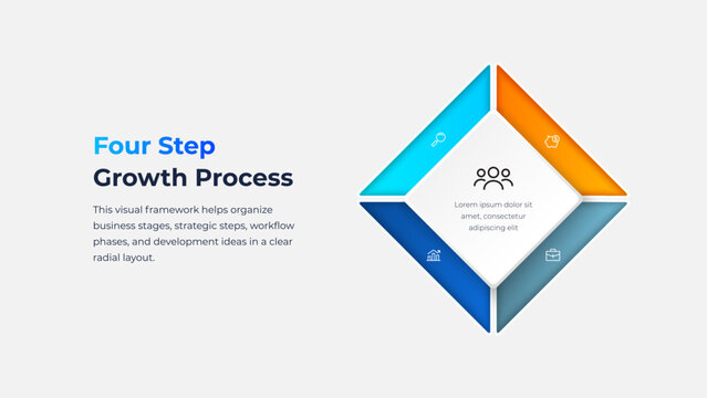 Infographic of four step diamond diagram with central icon for business presentation