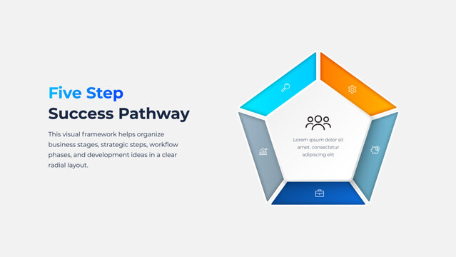 Business infographic with five step pentagon diagram and icons for presentation slide
