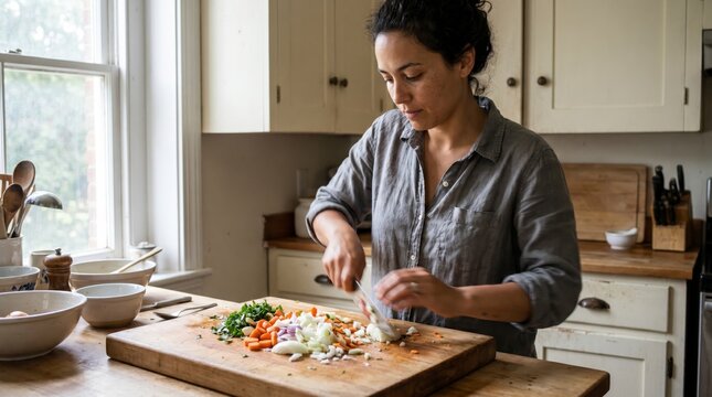 Woman preparing chopped vegetables in a rustic cottage kitchen by daylight