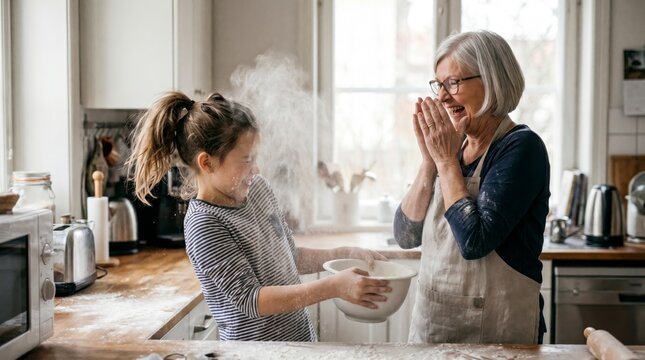 Grandmother and girl laughing in a cloud of flour while baking together