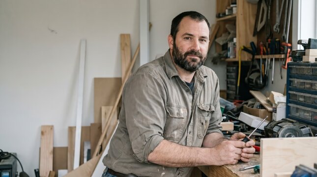 Confident bearded craftsman leaning on a workbench in his cluttered workshop