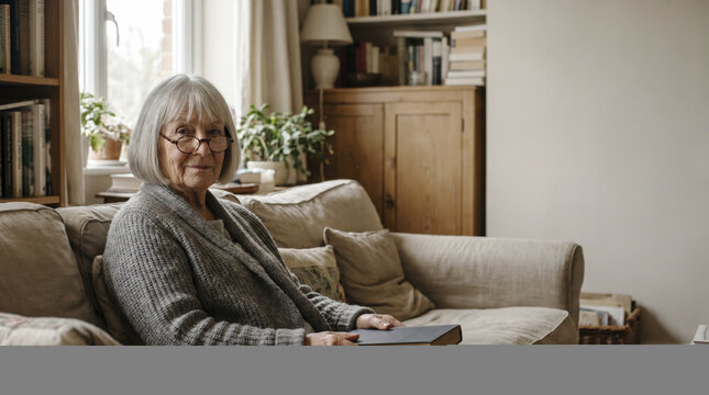 Senior woman relaxing on a sofa with a book in a cozy sunlit living room at home